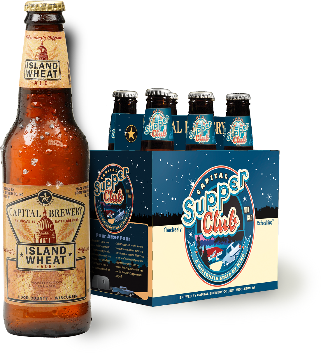 Capital Brewery Supper Club six-pack and Island Wheat bottle