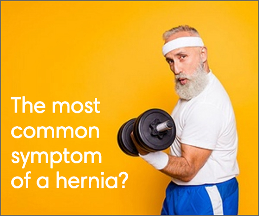 Divine Savior digital ad: older man doing a bicep curl with the words The most common symptom of a hernia?