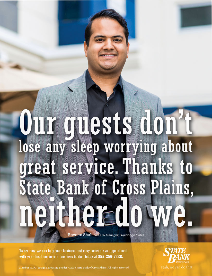 State Bank of Cross Plains magazine ad: Our guests don't lose any sleep worrying about great service. Thanks to State Bank of Cross Plains, neither do we