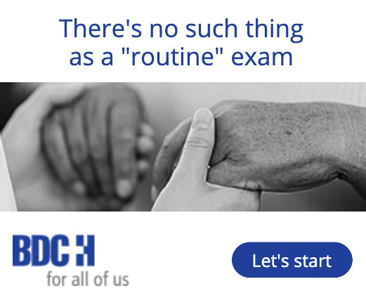 Beaver Dam Community Hospital digital ad of a woman holding another woman's hands; There's no such thing as a routine exam