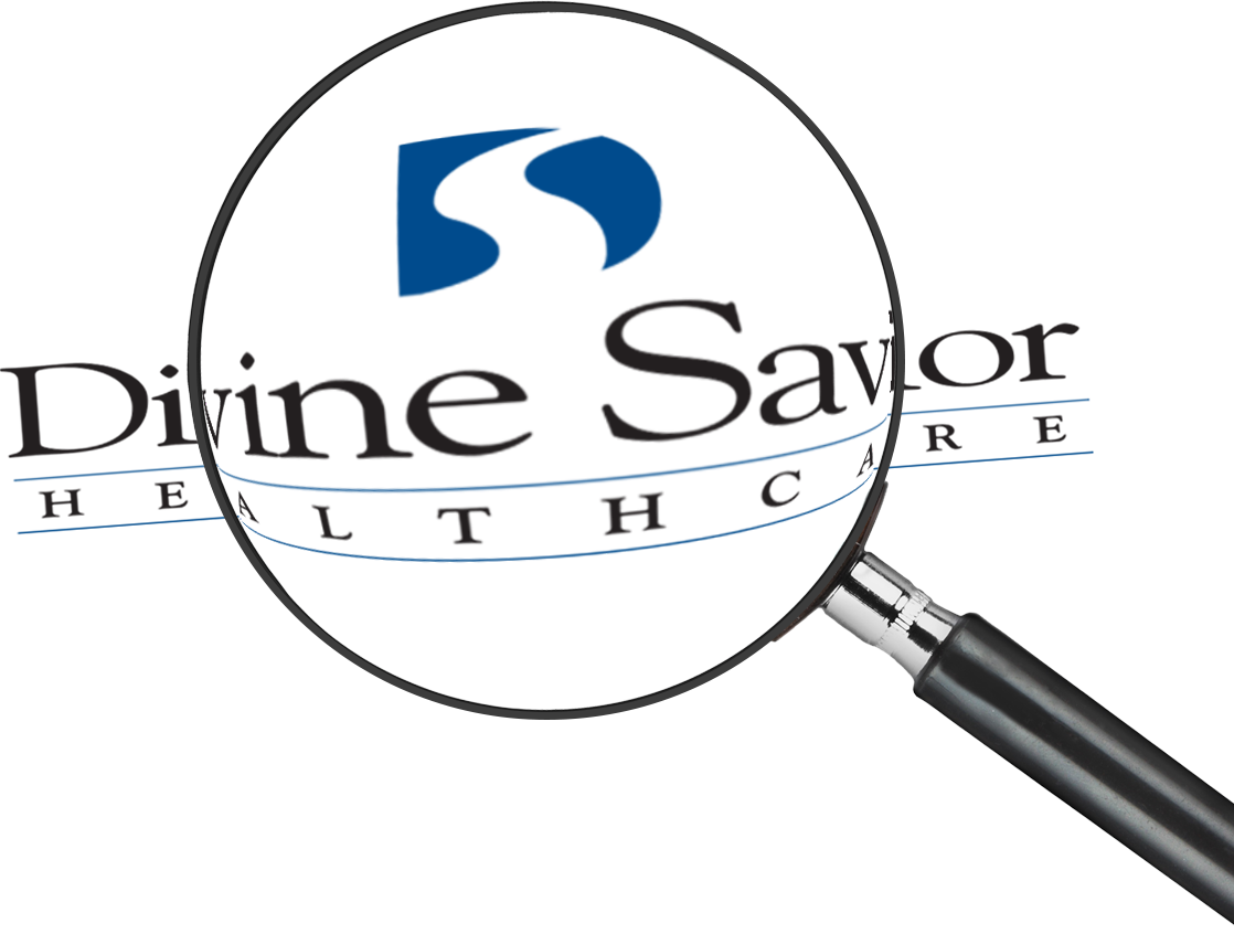 Magnifying glass focused on the Divine Savior logo