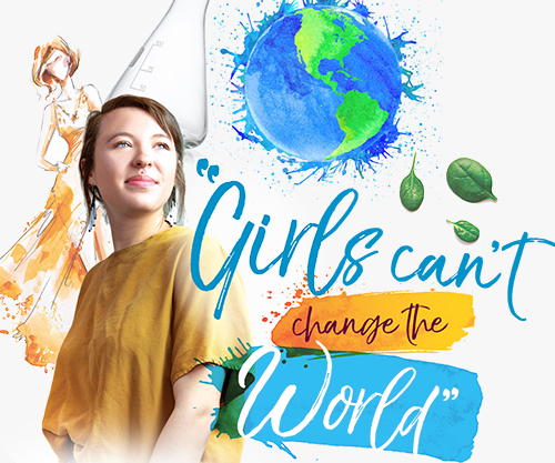 Confident ollege aged woman with icons of a fashion model, globe and beaker with the words girls can't change the world