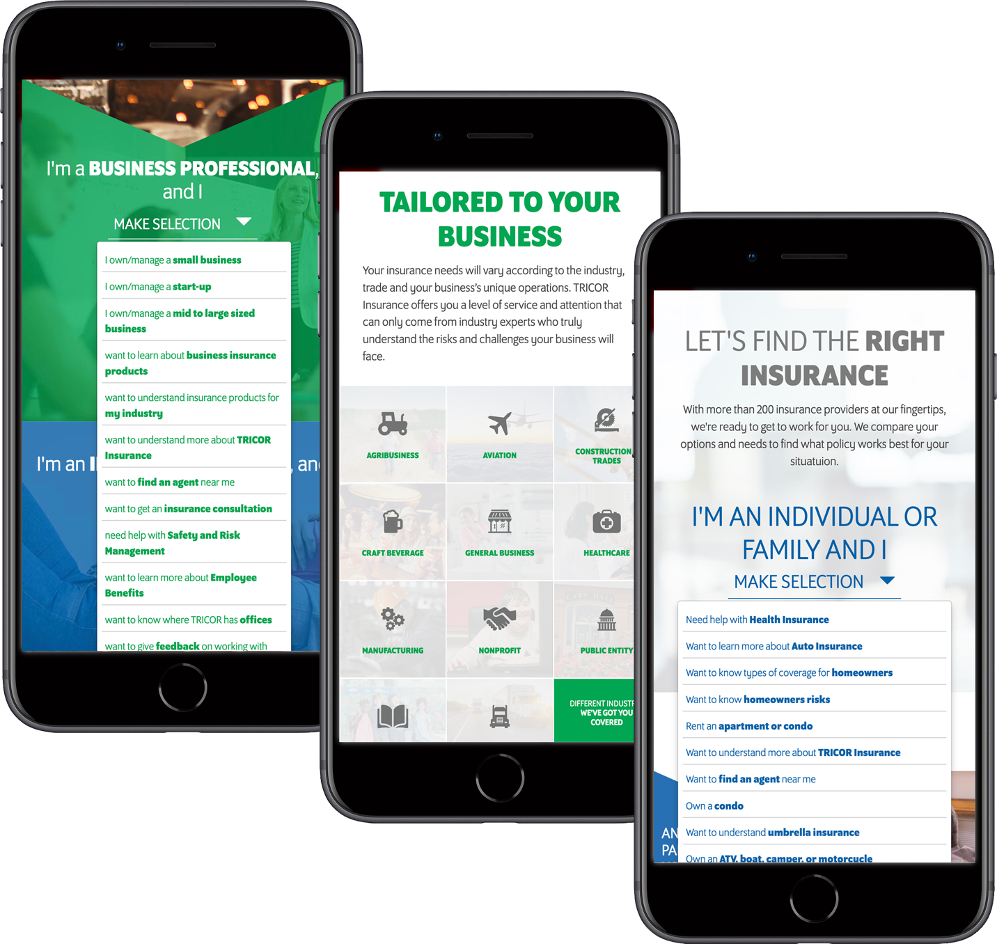 three mobile phones showing featured areas of tricor-insurance.com