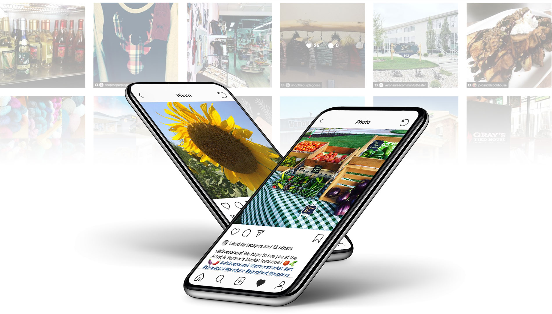 Two mobile phones showing Verona, Wisconsin, Instagram posts
