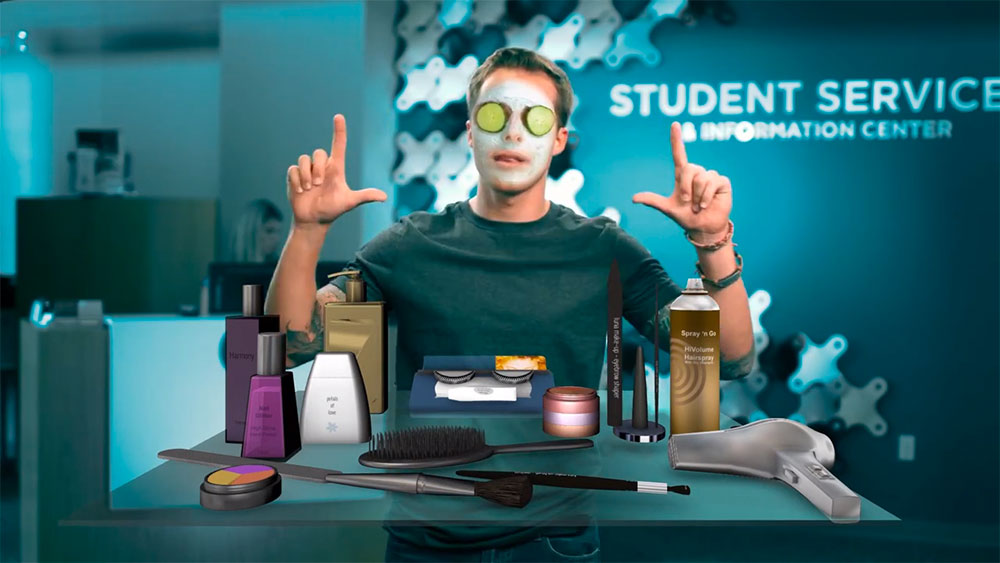 man standing in front of a countertop full of beauty supplies &mdash; higher education marketing video work