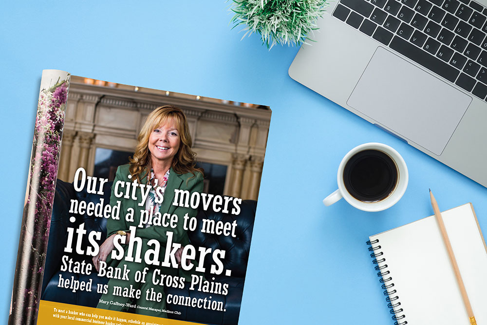 State Bank of Cross plains magazine ad on top of a desk &mdash; finance marketing