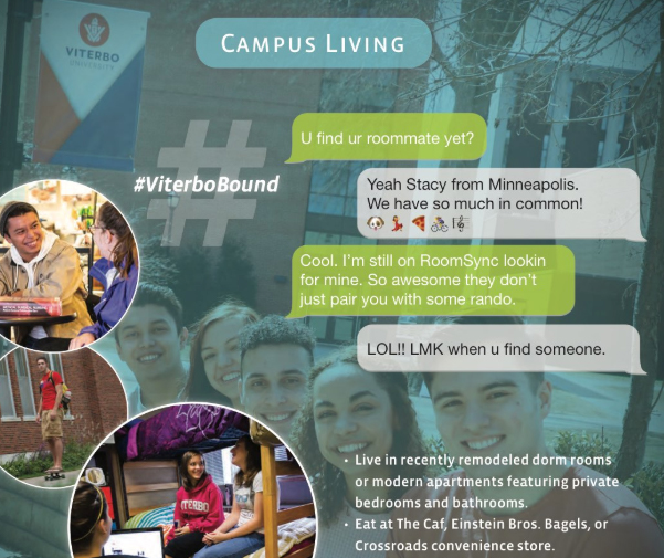 Screenshot of the Campus Living page from the Viterbo University viewbook &mdash; higher education marketing print work